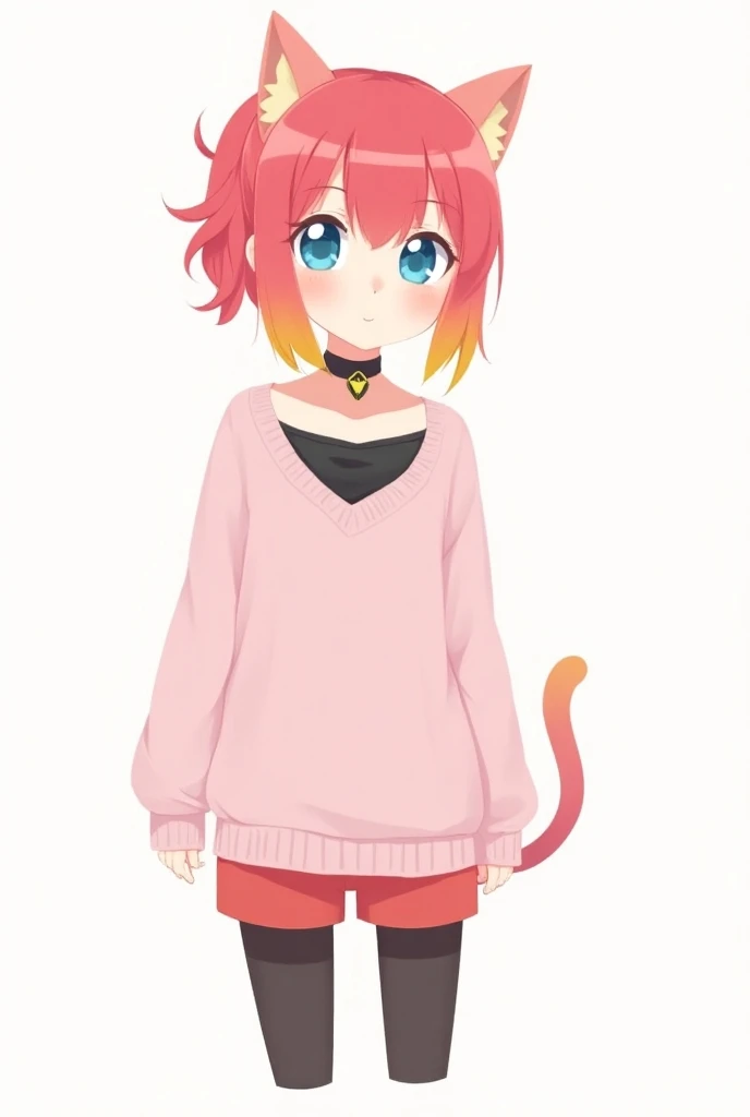  Draw a girl full of pink skin with red pink hair with a yellow gradient on the tip of her hair, pointed bangs,  cat ears and a ponytail ,  have blue cat eyes with a yellow center , cat whiskers,  she wears a light pink sweater that reaches her shoulders  ...