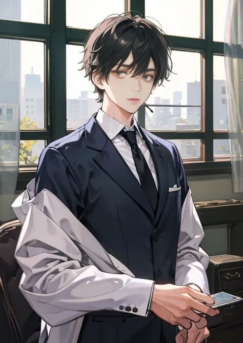 Long sleeve、tie、The window is the background