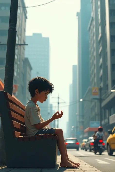 A young village boy, Phatik, sitting alone in a big city, looking sad and out of place. The buildings around him are tall, unfamiliar, and modern. In the background, the city is busy, but he feels isolated and misses his home in the village