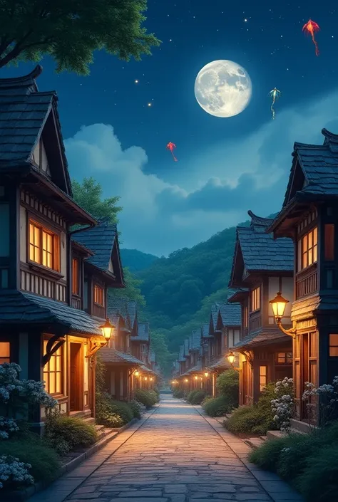 Beautiful street in a vintage town with beautiful houses illuminated by the lights of the lanterns that lead to a beautiful landscape of a starry night with a silver moon and kites and beautiful silver flowers 