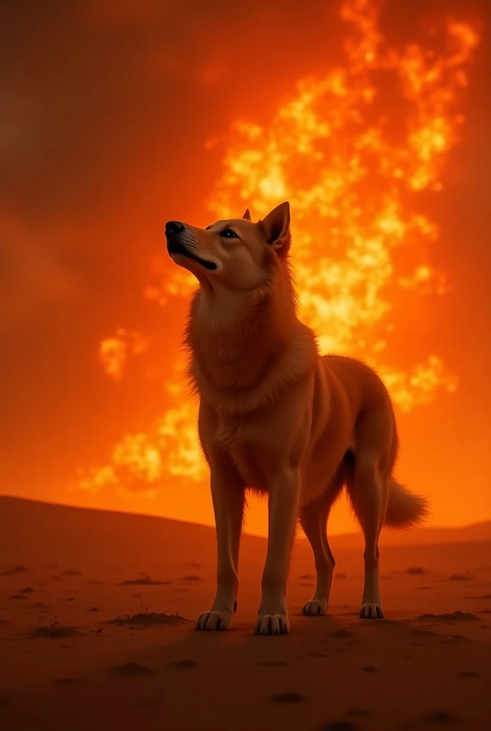  Dog in the Sahara desert raising its paw to the sky, And in the background of the image the red sky falling on fire  