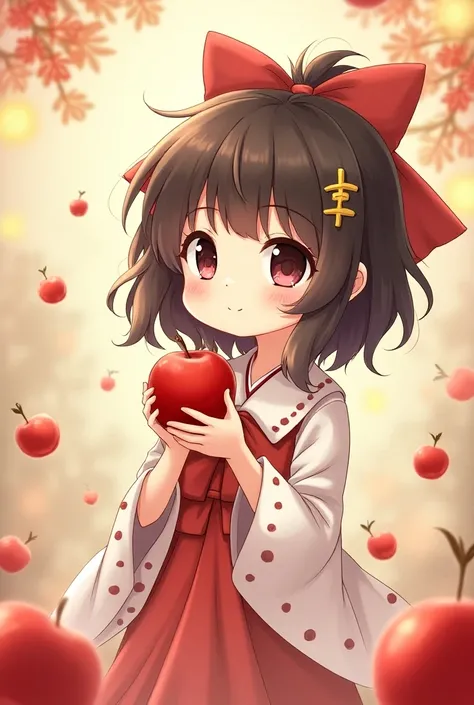 there is a cartoon picture of a girl holding an apple, doujin, reimu hakurei, isekai, inspired by Chen Daofu, mapo tofu cartoon, inspired by Uragami Gyokudō, inspired by Ma Yuanyu, , by Sengai, nezuko-chan, anime cover art 8k