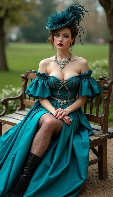  The full height of a beautiful girl with a gorgeous figure 35-40 years old, she is a countess ,  sitting on a bench in the palaces garden park, holding an umbrella and a fan , plump lips, red lipstick, precious necklace, the head is wearing a luxurious fe...