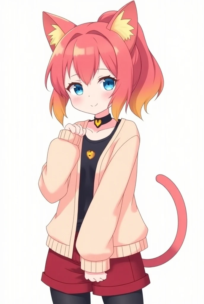 draw a girl (adolescent) full of pink skin with pink red hair with yellow gradient on the tips of her hair, pointed bangs,  cat ears and a ponytail ,  have blue cat eyes with a yellow center , cat whiskers,  she wears a light pink sweater that reaches her ...