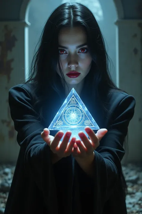 A vampire woman holding a crystal tethraedron 