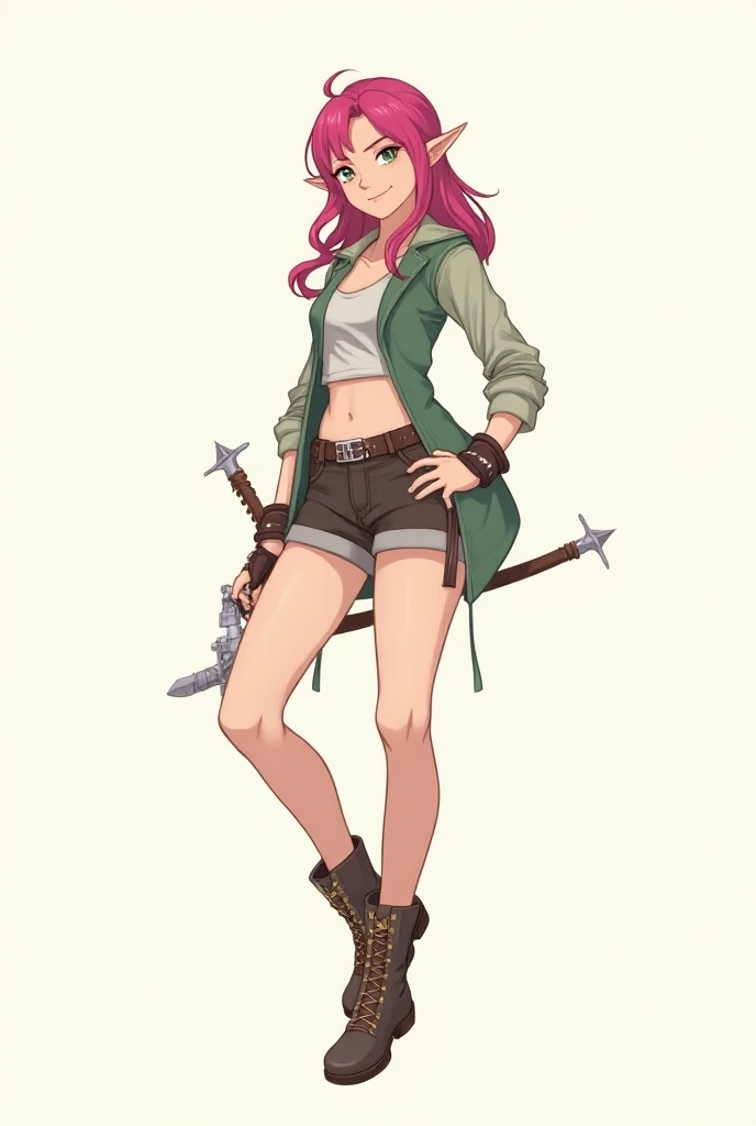 (Full body:1.5), subject in semi-profile, 1 half-elf, woman, young, slightly pointed ears, small ears, pink hair, green eyes, slim, medium chest, nice legs, smiling, friendly, RPG clothes, rogue clothes, boots, anime style, simple drawing, line drawing, an...