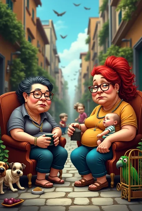 2 Obese elderly lady with black and red hair a lady with glasses sitting in a chair and the other fat red-haired lady drinking mate on the street with four dogs a baby and a green parrot in a cage and a fat lady with loose red hair  