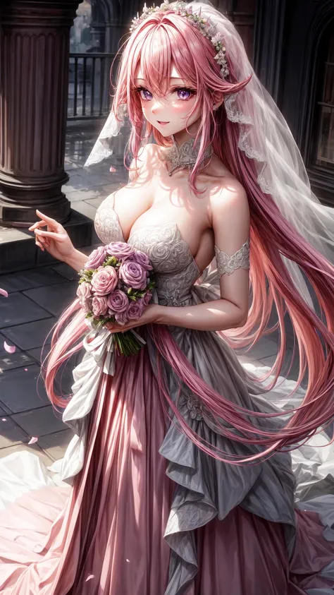 purple eyes,  Wedding dress,long skirt,pink hair,narrow