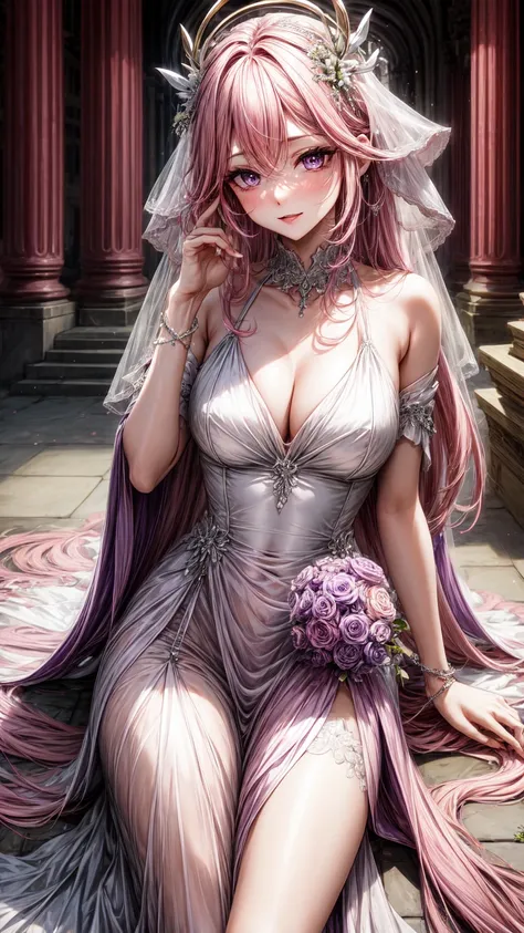 purple eyes,  Wedding dress,long skirt,pink hair,narrow