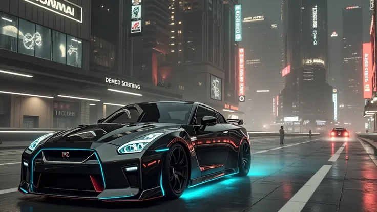 NISSAN GTR WITH BLUE NEON LIGHT AT NIGHT WITH CYBERPUNK BACKGROUND 