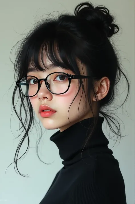 Asian girl with messy black hair with bangs wearing glasses and a tight turtle neck