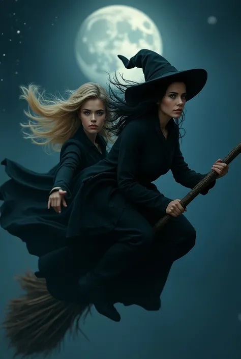 two women, one blonde and one with black hair, looking ahead dressed as a witch flying through the sky on a single broomstick. In the background you can see the sky and the full moon. the image is from in front of the camera
