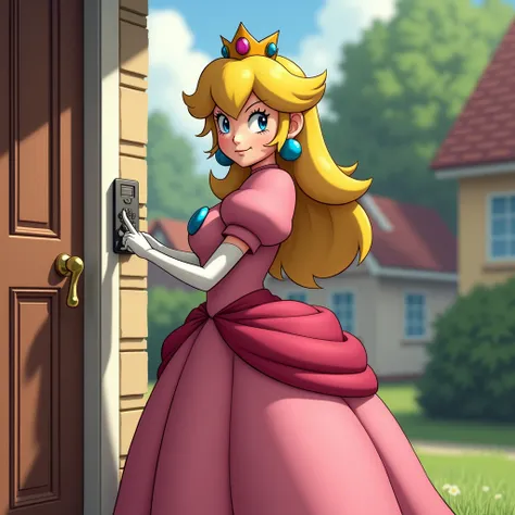 Full body image of Princess Peach wearing her classic outfit and her dress buttons are opened and her big boobs visible, smirking suspiciously, while pressing the doorbell of a house. Background is a simple residential neighborhood. realistic image