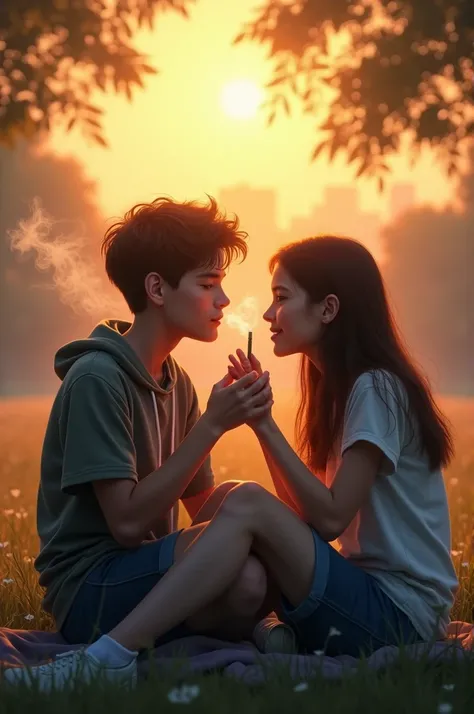 Imagine boy and girl sitting in the evening doing smoking weed
