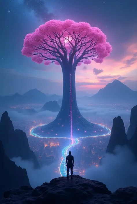 Neon world tree Skyscraper, Nebula stars Skies, starry sky lights, men standing on Mountains facing skyscrapers, camera angle open wide above view on a men’s back, 8k Ultra images, Masterpiece, Majestic With Neon city lights, city river.