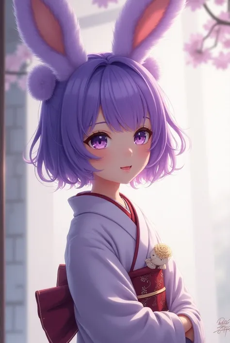 1girl, short hair, purple hair,purple fluffy bunny ears, kimono, short hair