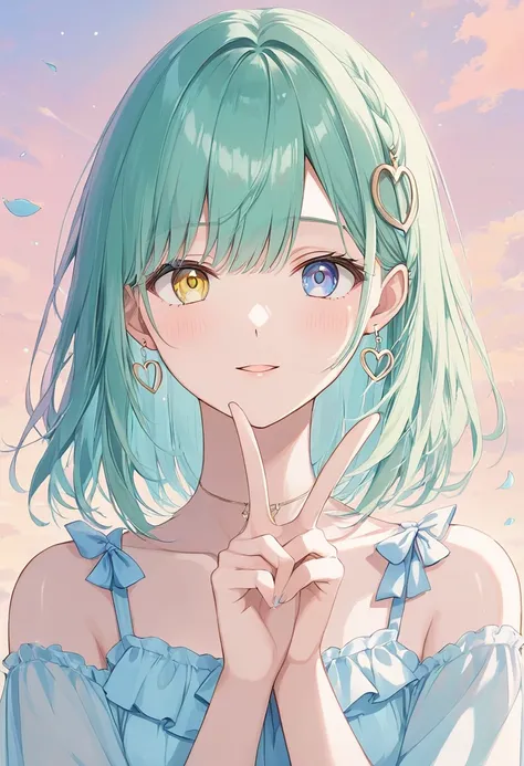 One woman,pastel,Green Hair,Heterochromia iridis,((Yellow Eyes))blue eyes,Peace sign,A touching scene