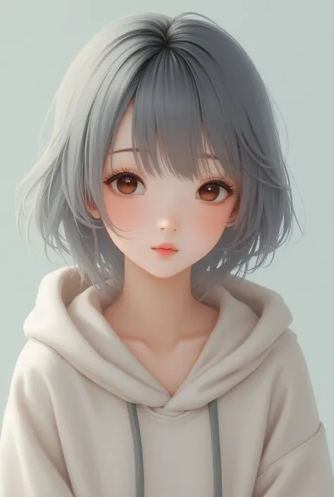 The cutest Japanese woman in the world with realistic gray hair is wearing a fukabuka hoodie