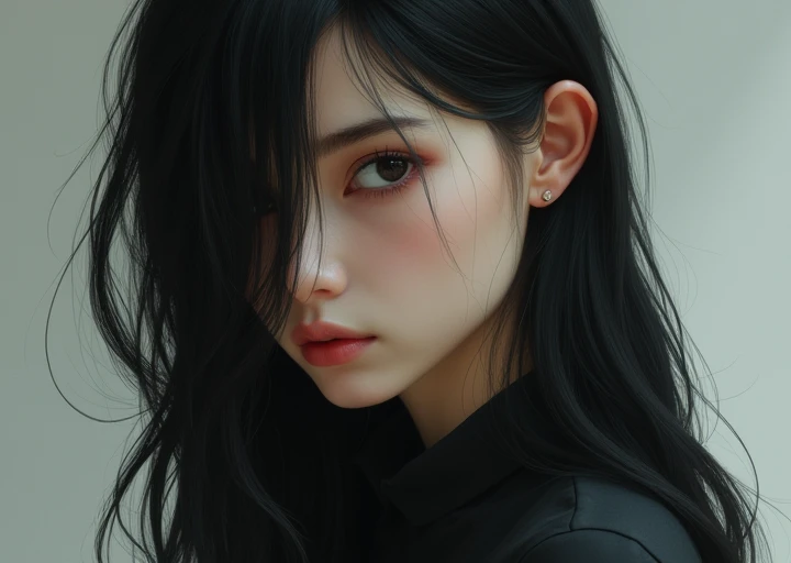 I created such a picture of a pretty, stetick girl who looks real and wears black clothes and doesnt show much of her face, only half of it.