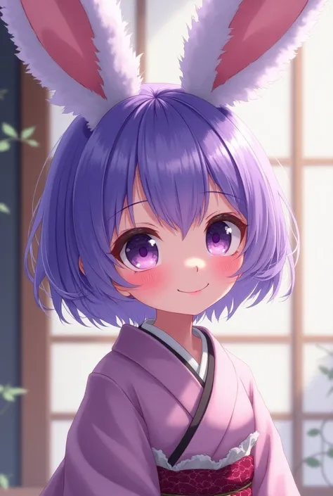 1girl, short hair, purple hair,purple fluffy bunny ears, kimono, short hair