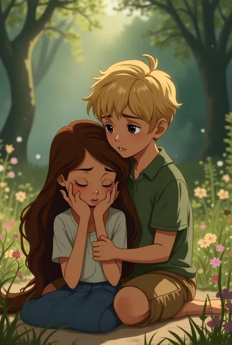 A Disney 16 girl with brown hair sits on the ground crying while a 16 blonde boy protects her