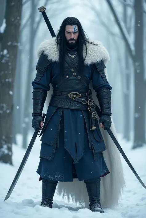  White warrior with long black hair, light skin,white tattoo on the face , black and blue armor, white animal hair under the shoulders , with two swords on his back,  in a forest with snow and ice 