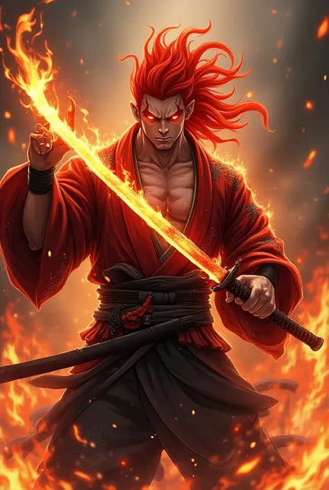 A fire-haired Oni swordsman wearing a kimono with a fire katana male anime