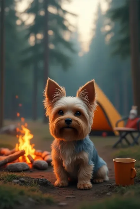 Create me an image of a Yorkshire dog camping