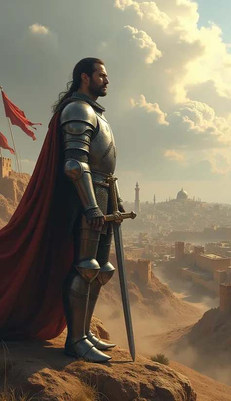 In the foreground, a noble knight in shining armor, holding a sword aloft, stands on a windswept hilltop overlooking the Holy City of Jerusalem in the distance. His face is solemn, with eyes that carry the weight of the Crusades. Behind him, banners of dif...