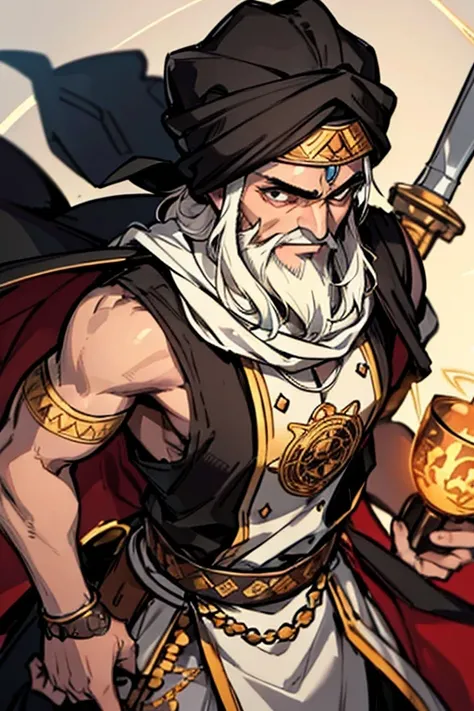 One man, Arabic features ,beard , wearing an ornate dress , brown turban , His hand is made of white light , Hazel eyes , Strong body , muscular ,He carries two swords, Yaarak