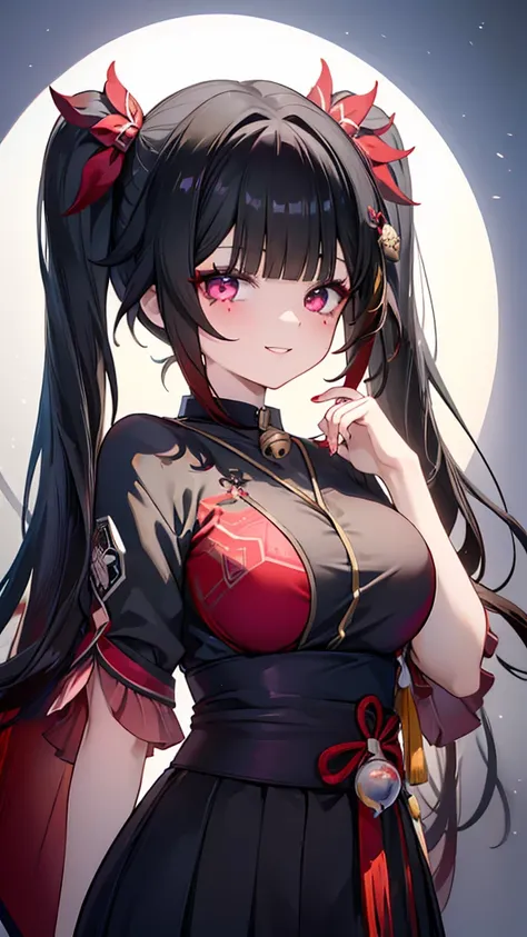 black hair、 long twin tails 、tall、age 15、gal、red eyes、‎白い肌 、too much exposure、big breasts、model body type、cheeky smile、 upper bo...