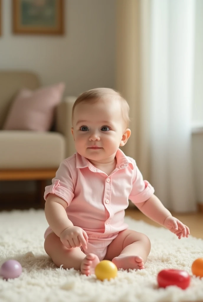  Baby girl 6month  , cute, white, pink dress shirt ,   playing in the living room 