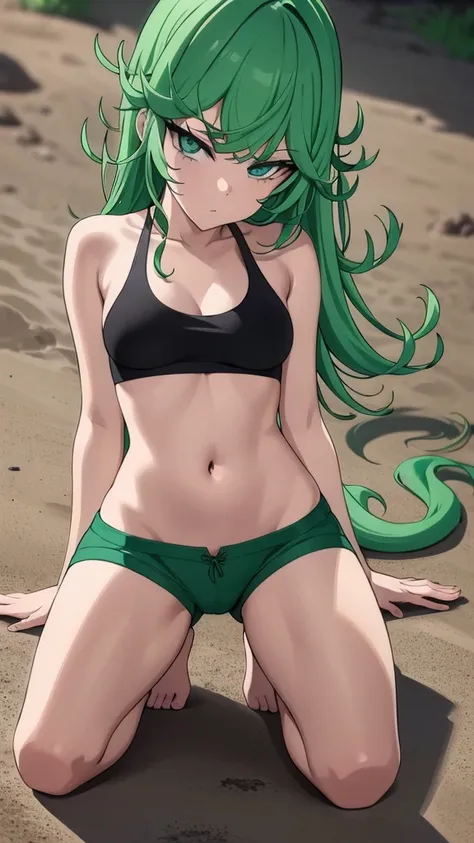 green hair,green eyes,crawl,kneel,(leash) in tight green dolphin shorts and a green sports bra