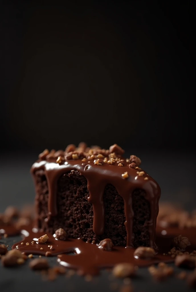 Chocolate movie scene, chocolate cake, dark background, high quality photo, wet texture, frosting, studio photo, slide, shallow depth of field, vignette, high detail, big budget, bokeh, cinematic, moody, epic, gorgeous, film grain, grainy