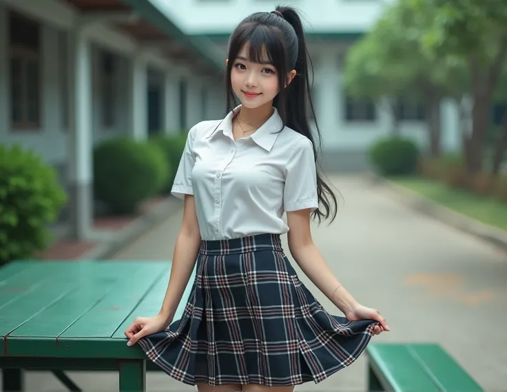 High quality realistic real photos of a Thai woman, Beautiful girl (((Large chest , Large chest ,  Not suitable for work ))) ,  The best quality , 15-year-old Thai girl in school uniform standing near a green metal table,  wears a white shirt(((Large chest...