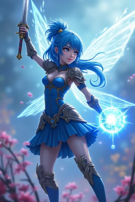 Blue fairy anime cartoon  ,  flying in warrior armor, With sword in one hand and power ball d
Colored on the other hand