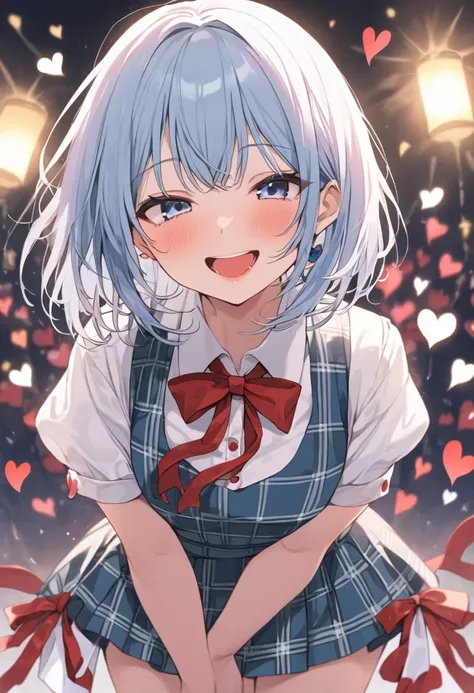 ((masterpiece、 best quality))Silver Noel、 Hololive、woman、cute、young、Idol、Light blue hair、Short Bob、Light blue eyes、Red ribbon、smile、Red cheeks、smile、Red cheeks、Teary-eyed、White breath、Lots of hearts 、Idol、checked skirt and clothes