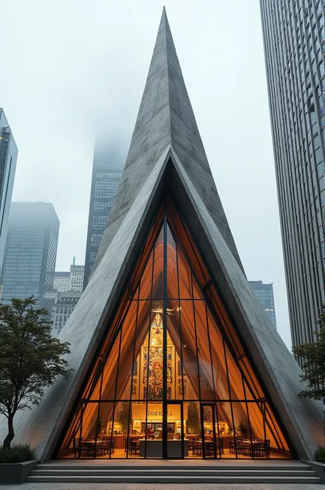 A coffee bar that is shaped like a church but is in an abstract way 