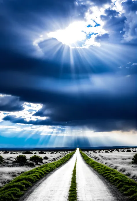 Cloudy path and Jesus at the end of the road waiting with open arms