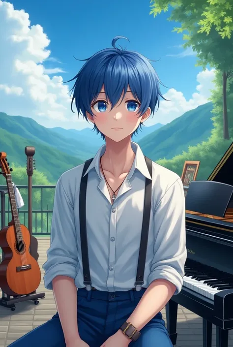 Blue eyes, Anime, Bangs, Blue Hair, Male, High Resolution, Masterpiece, High Details, High Quality, Medium Hair, Piano From Behind, Landscape Paintings From The Right Side, Violin From The Left Side, Holding an Acoustic Guitar, Electric Guitar From Behind,...