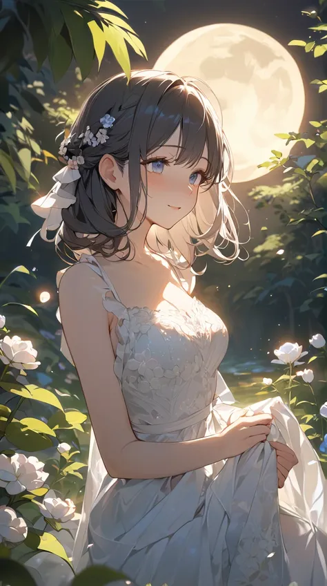 One Girl、Quiet Smile、Deep Eyes、 medium hair 、 Moon viewing in nature 、  
   break、  
   In the moonlight、( Peaceful Atmosphere :1.4)、 Soft Colors 、A moment of calm 、Connecting with nature、  
   break、  
   Beautiful garden、 Flowers illuminated by moonlight...