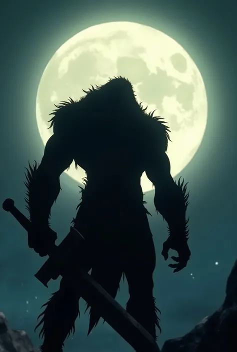 Create an animated warrior standing in front of the moon. Warrior looks like a silhouette. Half man half beast without horns. He wields a large sword, looks beastly and strong