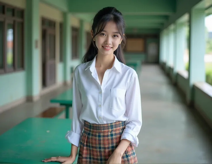 High quality realistic real photos of a Thai woman, Beautiful girl (((Large chest , Large chest ,  Not suitable for work ))) ,  The best quality , 15-year-old Thai girl standing near a green metal table ,  wears a white shirt(((Large chest , Large chest , ...