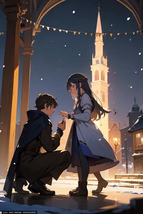 

Draw 2 anime girl, 1 girl kneeling infront of girl 2 with a ring on her hand for propose. The location is in the stage with a snowThis is the scene.

Last day of the year in Medieval Fantasy Italy.
A little medieval town has their own special celebration...