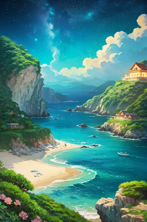  best quality, Beautiful spring and summer scenery、Beautiful sea、 Beach Scenery、Anime Style、refreshing、Ghibli style、night、Starry Sky、No home、No Town 