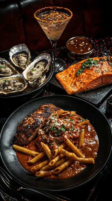 food photography of a table of expertly-plated dishes, including penne pasta with a red sauce, a salmon fillet, oysters, and chocolate mousse. Also on the table is a martini class filled with clear liquid. Shot on Sony A7IV