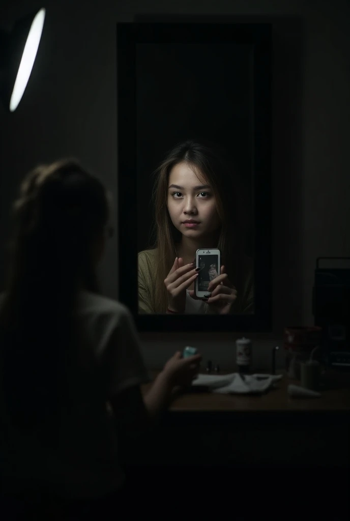 A 17-year-old girl taking a picture with her cell phone in her hand in the hooded mirror in a 
darkroom 