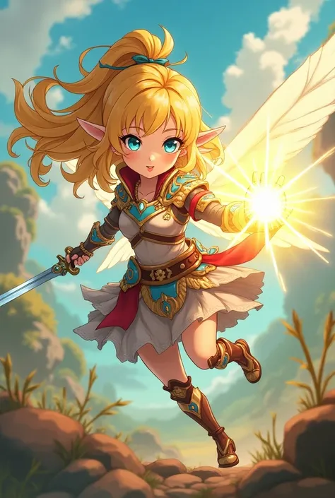 Young yellow fairy ,  cartoon anime  ,  flying in warrior armor,  with sword in one hand and power ball 
Colored on the other hand,Attacking