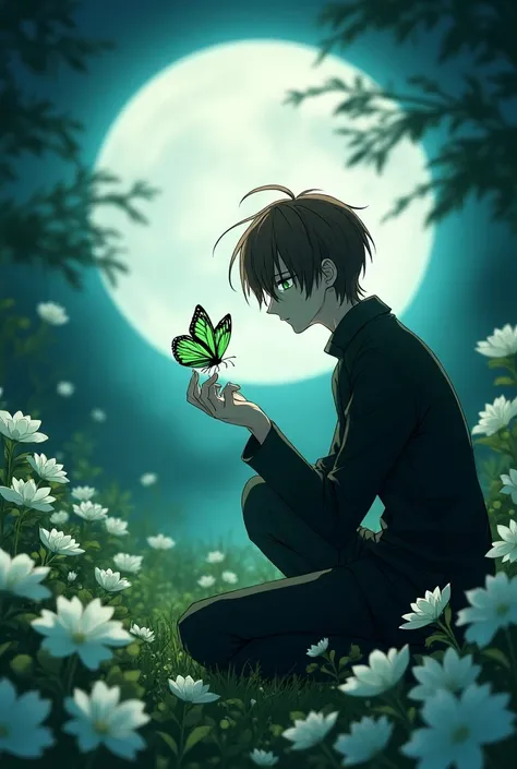 Create a book cover of a garden with white flowers blooming under the moonlight and the male character Misaki Takahashi by author Nakamura Shingiku, who has brown masculine hair and green eyes, kneeling down at the Full Moon with a green butterfly with bla...