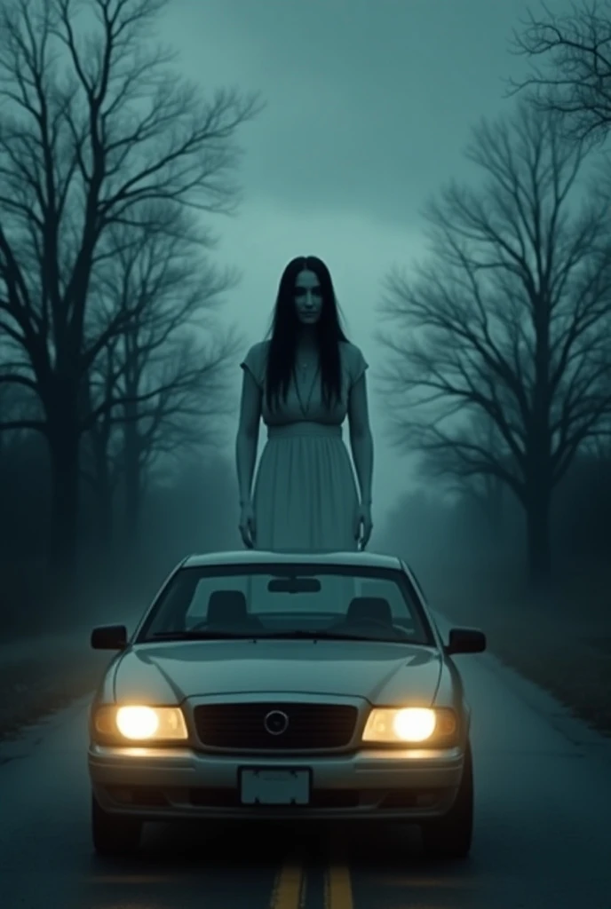 Generate an image of a driver meeting “La llorona” smiling on the road in cold tones